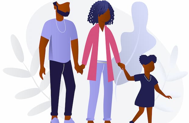 Illustration of a mom, dad, and daughter holding hands